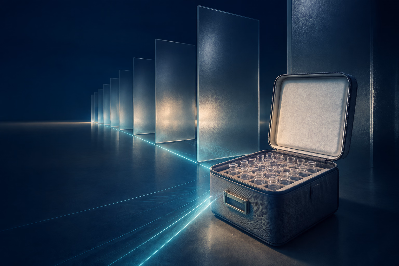 Conceptual temperature-controlled medicine case connected through a sequence of glass thresholds